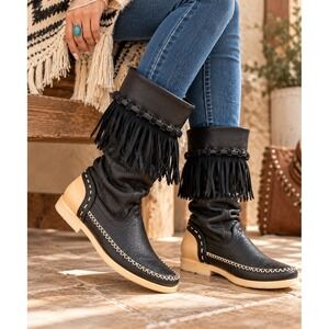 Rinaldi Italy Black Leather Fringe Boots Womens 41 US 11 Western Moccasin Boho